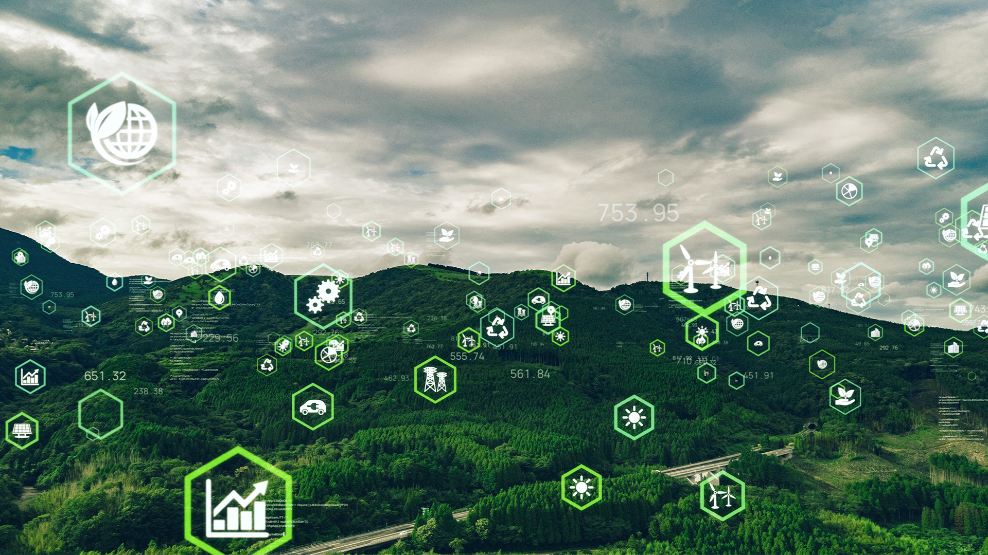 grüne Landschaft mit digitalen Symbolen