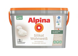 grauer Eimer mit weißem Logo des Alpina Silikat Wohnweiß