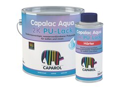 Capalac Aqua 2K PU-Lack, hinten verpackt in Dose, vorne verpackt in stehender Flasche