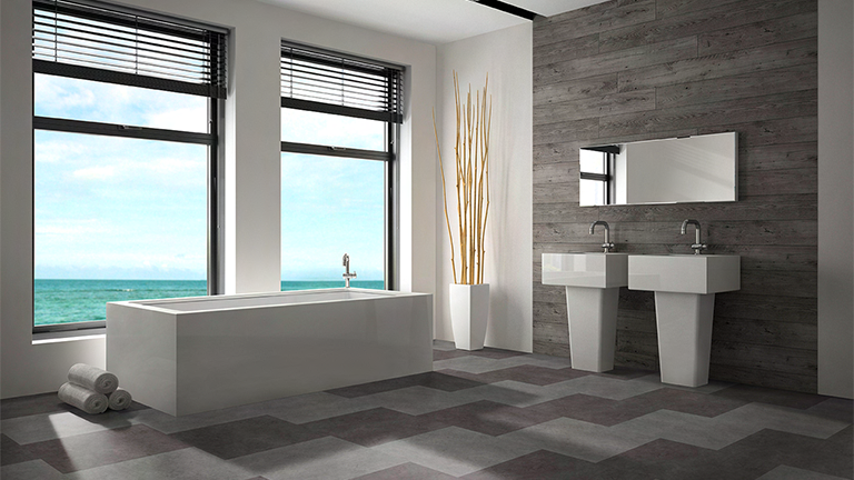 Designboden SLY Square, Badezimmer mit Badewanne und Waschbecken
