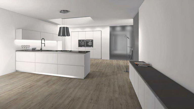 Designboden SLY XL, weiße Küche mit Inseltheke
