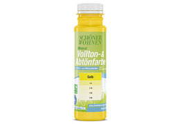 Das Produkt SCHÖNER WOHNEN Mineral Vollton-&Abtönfarbe in der Farbe Gelb. Durchsichtige Flasche mit einem grün Logo mit weißer und blauer Schrift