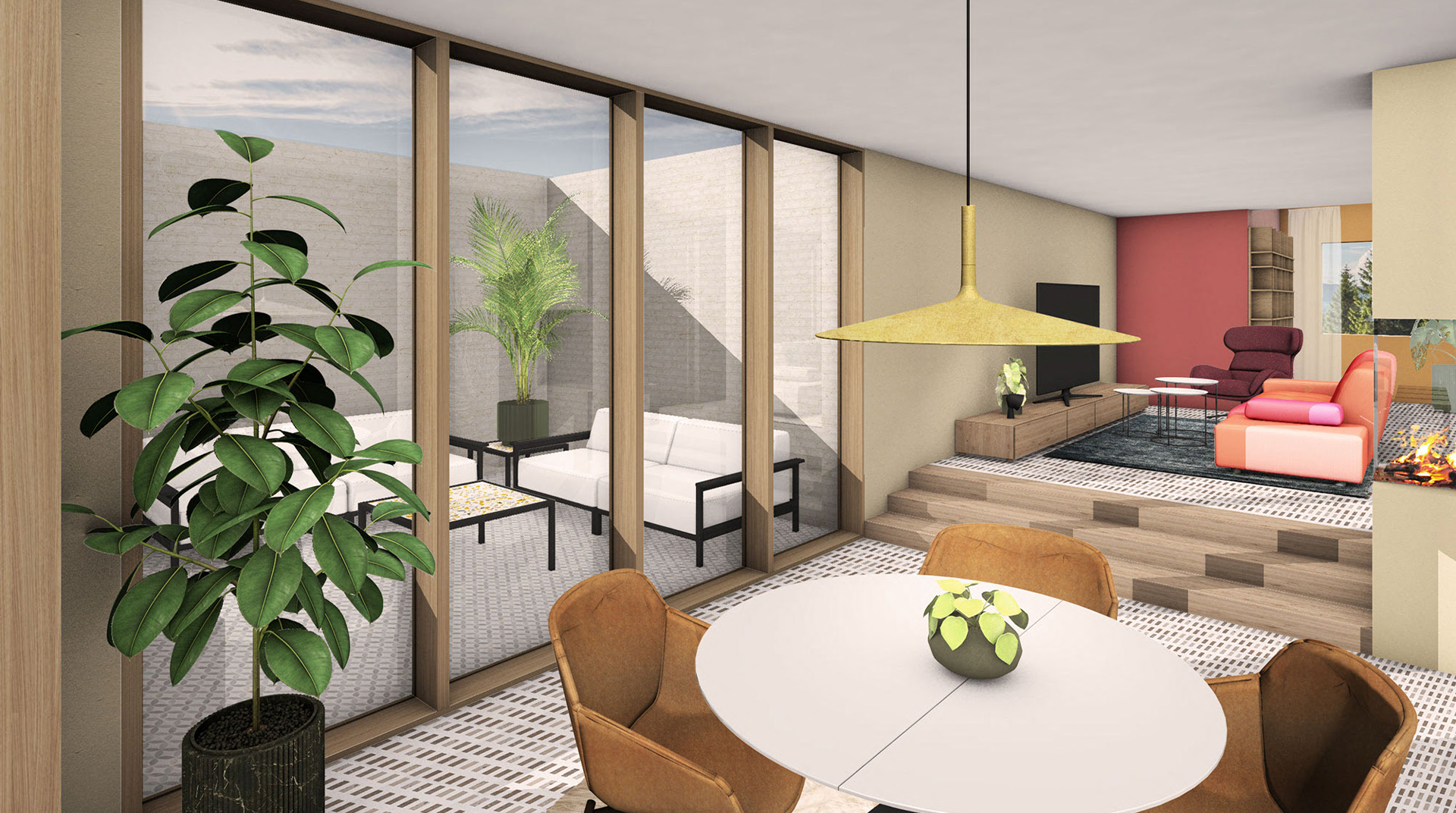Wedox Objektreferenz Wohnzimmer mit Essbereich in 3D Simulation