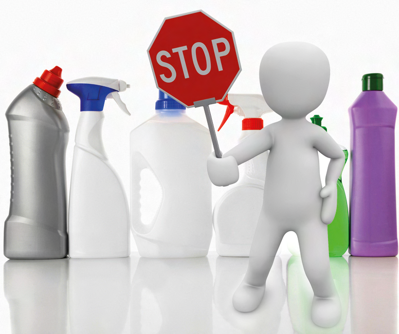 Warnung vor problematischen Inhaltsstoffen in Reinigungsprodukten.