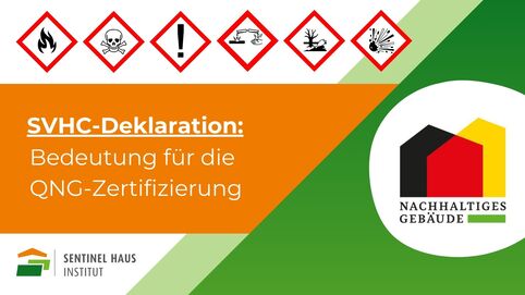 SVHC-Deklaration: Bedeutung für die QNG Zertifizierung steht als Text in der Mitte, Neben SHI Logo und QNg Logo sind verschiedene Warnzeichen auf dem Bild zu sehen. 