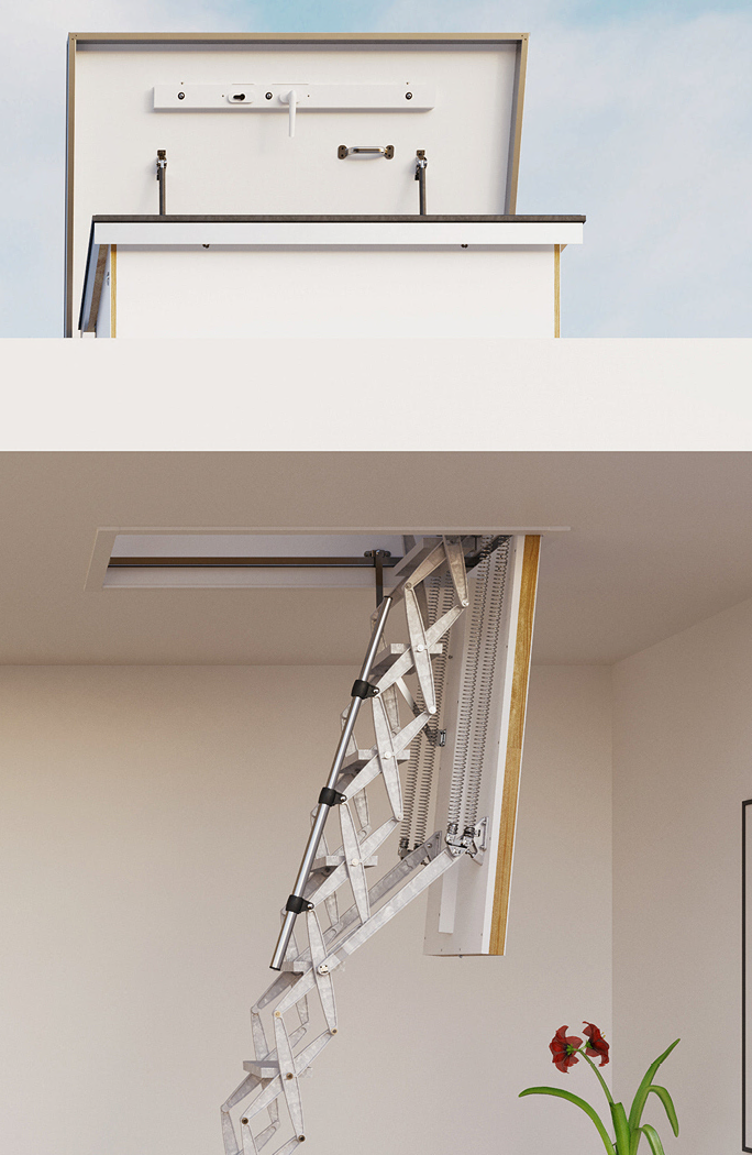 Der Flachdachausstieg Exklusiv von Roto macht den Weg aufs Flachdach besonders einfach, ist platzsparender als eine feste Treppe und jetzt auch geprüft wohngesund. Foto: Roto Frank Treppen GmbH